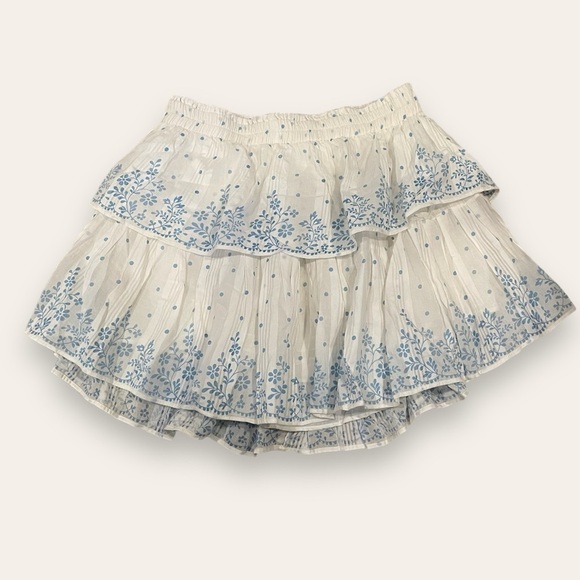 LoveShackFancy Ruffle Mini Skirt Ivory Blue Floral Size Medium - Picture 2 of 11
